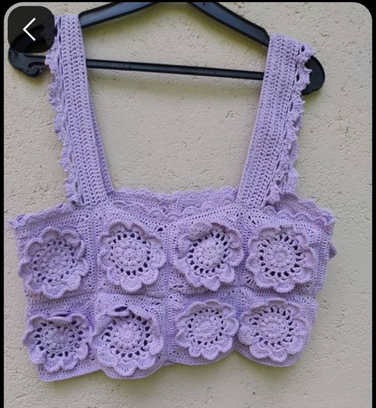 ​Handmade Crochet Lavender Floral Crop Top | 3D Flower Granny Square Tank Top | Pastel Purple Summer Festival Camisole Top